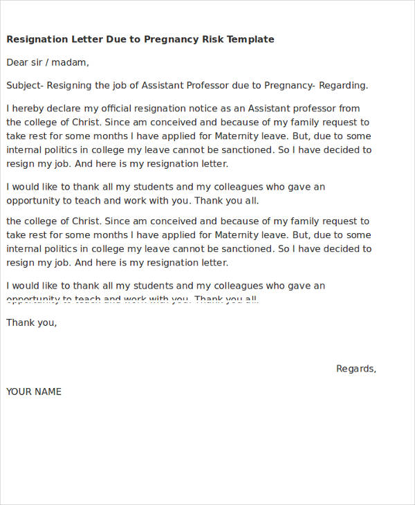 resignation letter due to pregnancy risk template