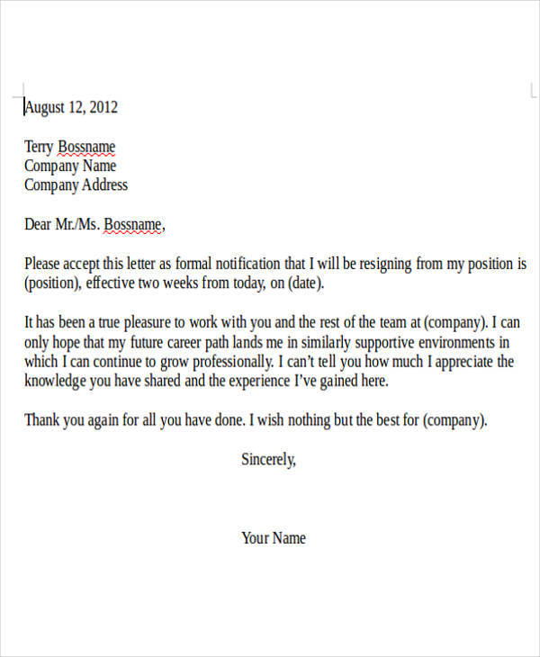 Resignation Letter For Internship