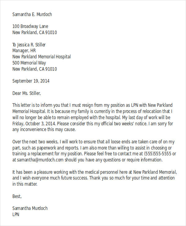 resignation letter due to relocation template  7 free word