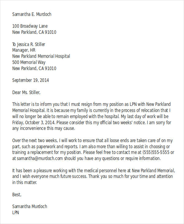 Resignation Letter Due to Relocation Template - 7+ Free Word, PDF ...