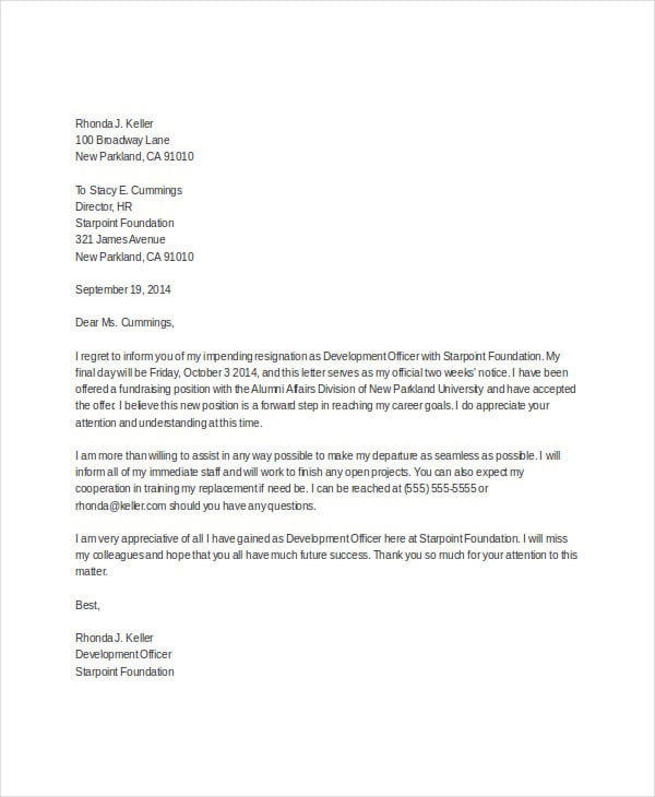 appreciative resignation letter example