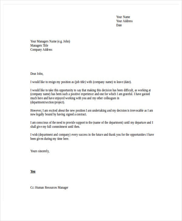 Formal Letter Of Resignation Examples from images.template.net