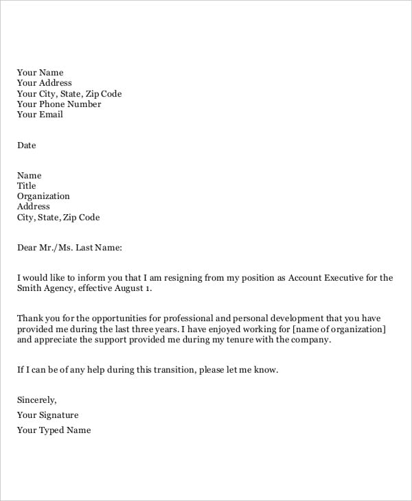 resignation letter to employer template