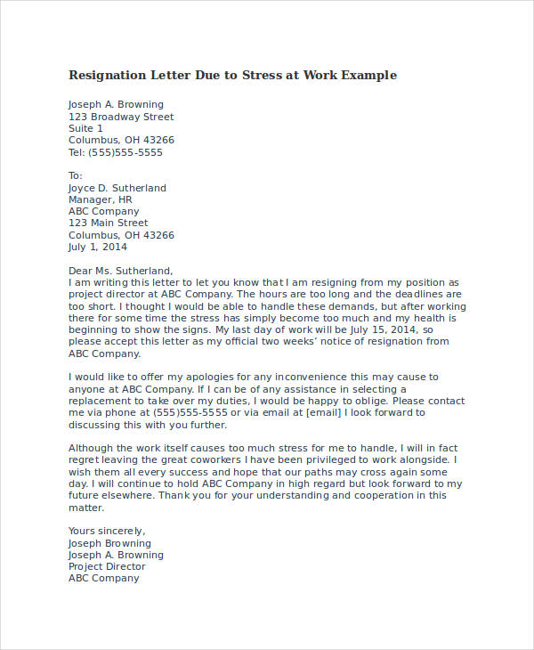 Resignation Letter Due To Hostile Work Environment Sample Resignation