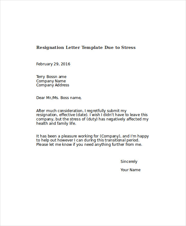 Sample Resignation Letter Due To Health And Stress