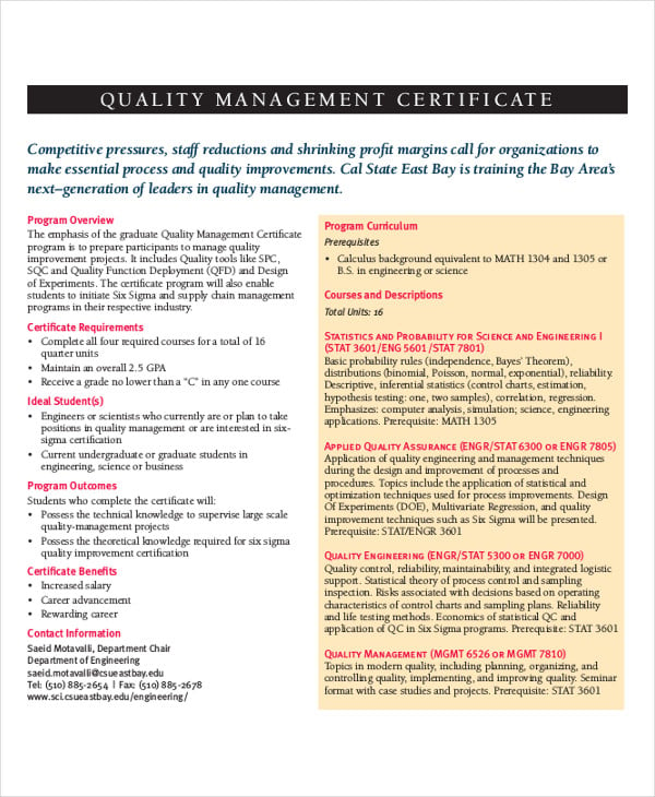 quality control management certificate