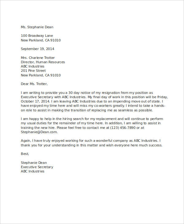 formal resignation letter with 30 days notice