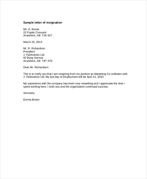 standard notice of resignation letter template