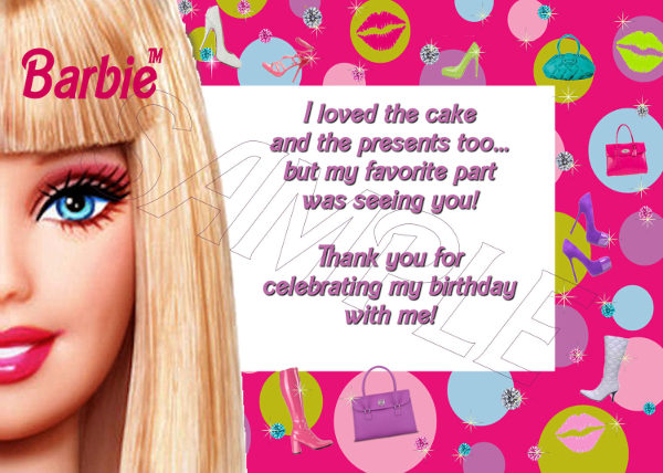 barbie birthday thank you card