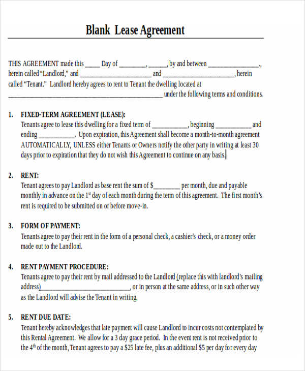 Free Blank Printable Lease Agreement