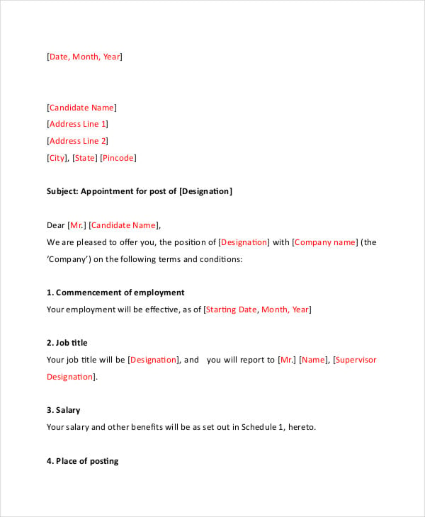 simple appointment letter format pdf