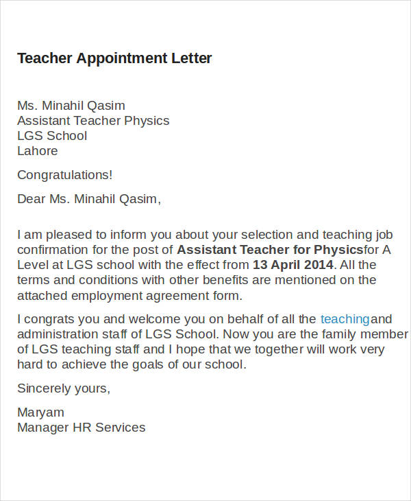 primary teacher appointment letter template