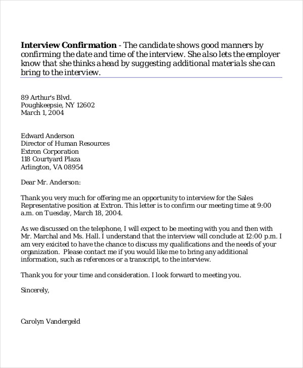 interview appointment confirmation letter template