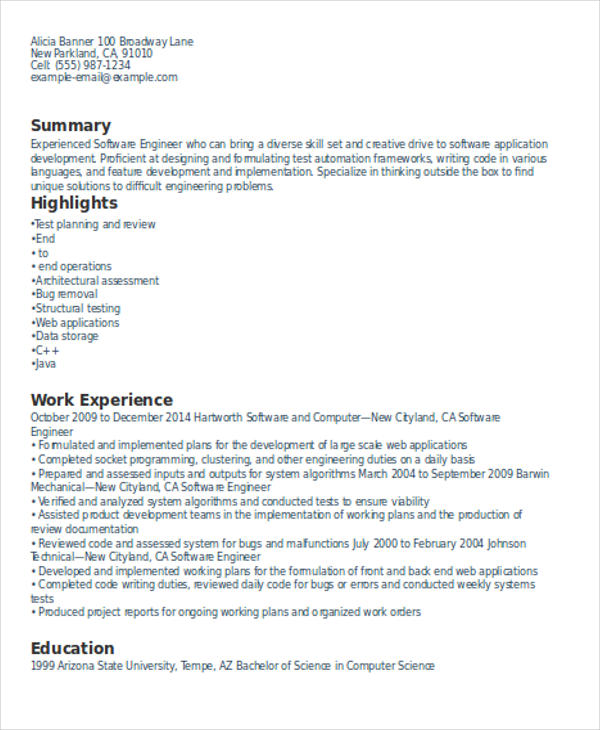 experienced resume format for software developer