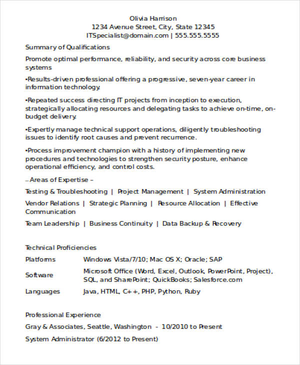 Experienced Resume Format for IT Professionals