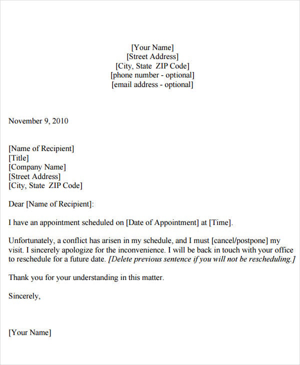 reschedule doctors appointment letter template