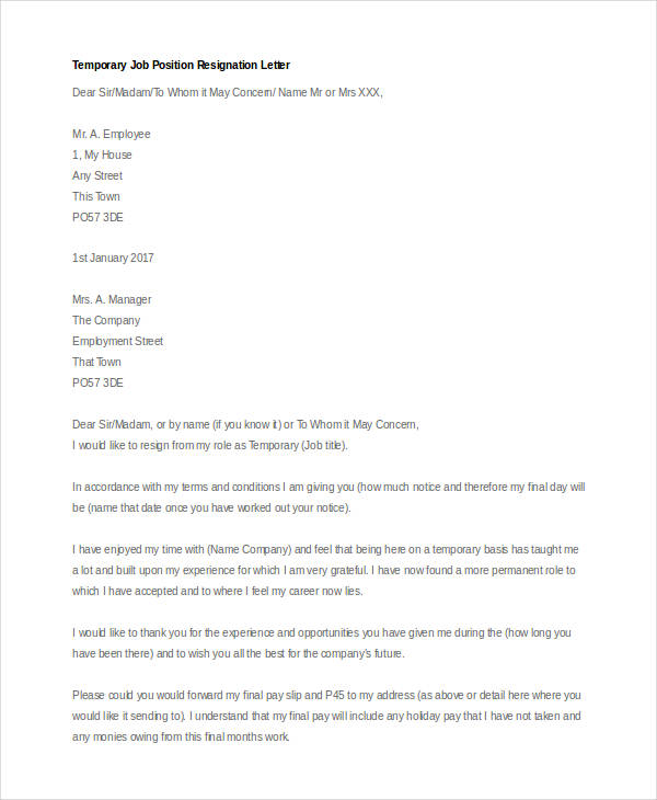 resignation letter for temporary position