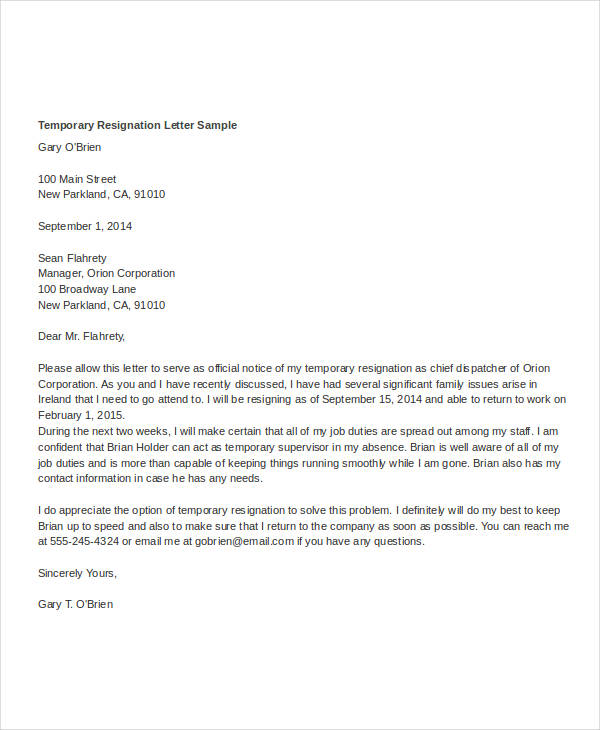 Temporary Resignation Letter Template - 5- Free Word, PDF ...