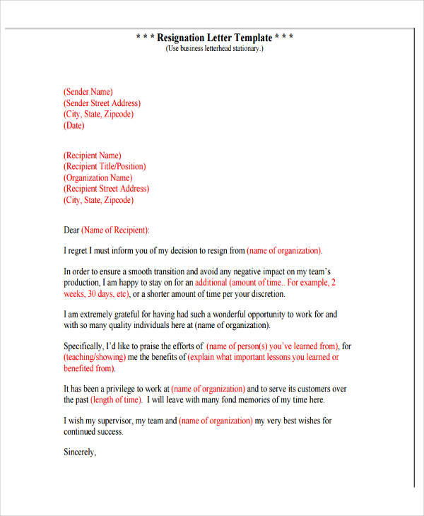 4 Resignation Letter With Regret Template 5 Free Word Pdf Format