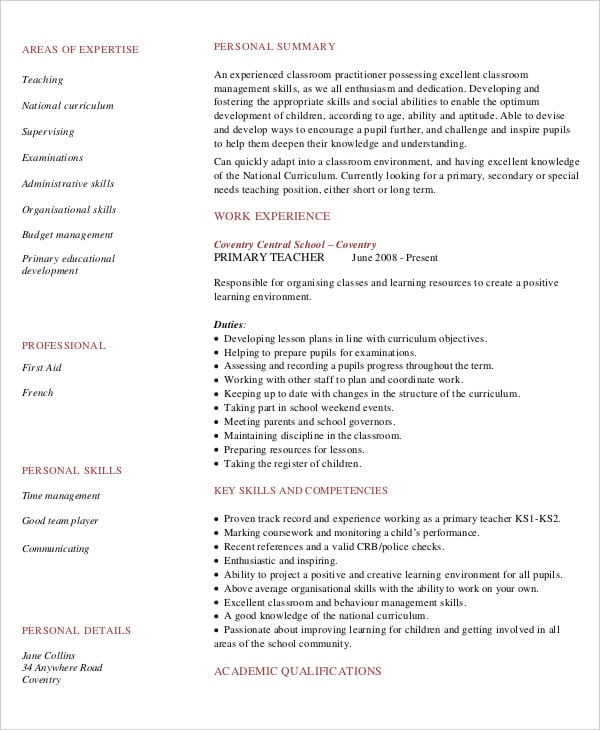 teaching resume template in pdf
