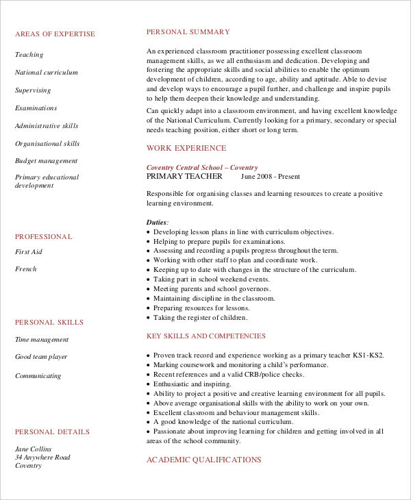 sample resume for teaching job fresher