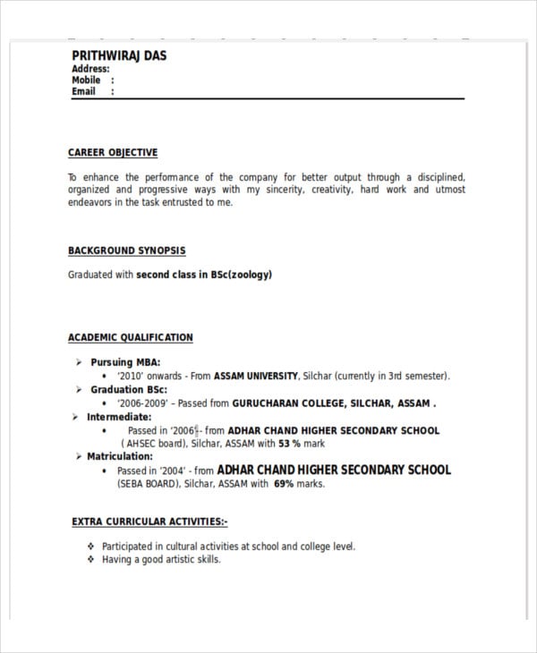 resume format for freshers mba