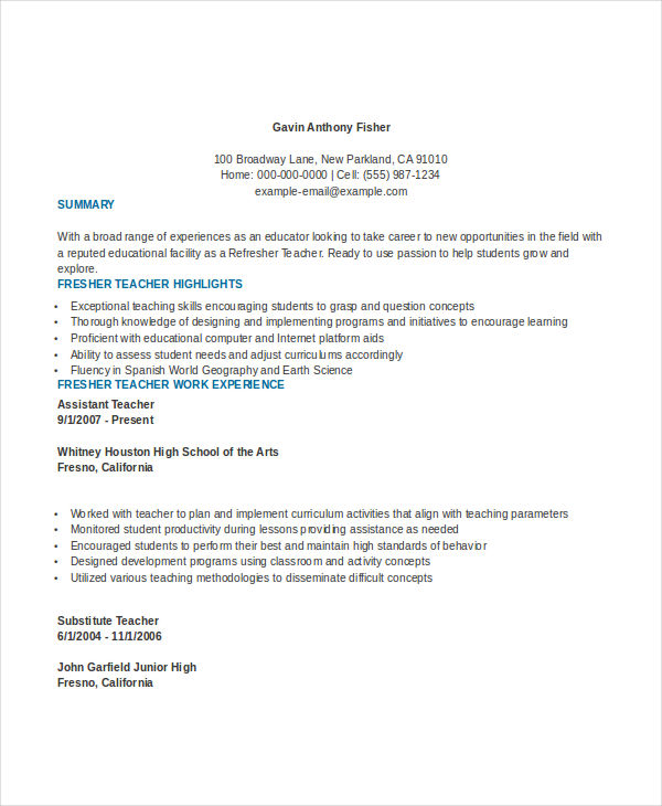 resume template for freshers teacher