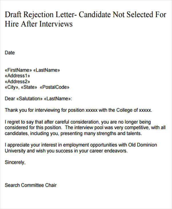 job offer rejection letter after interview