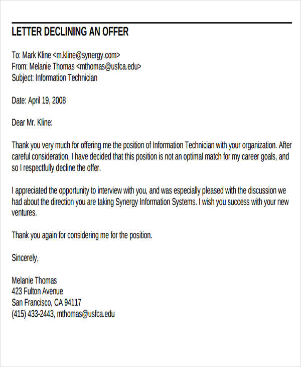 how to send a rejection letter for a job offer