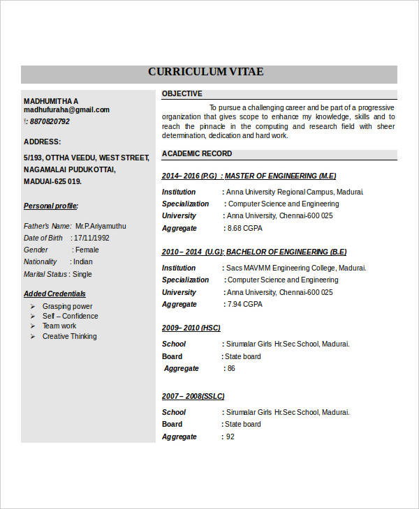 Basic Resume Format For Freshers Doc