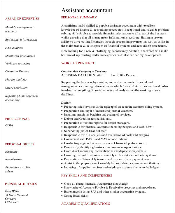 assistant accountant resume template