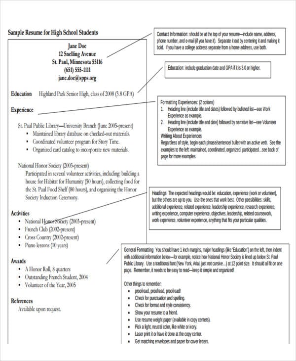basic resume format for high school student