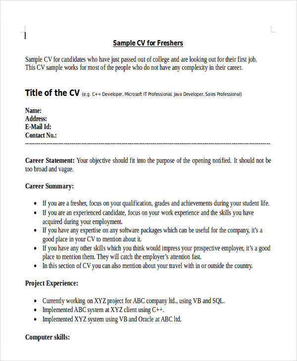 basic resume format for freshers