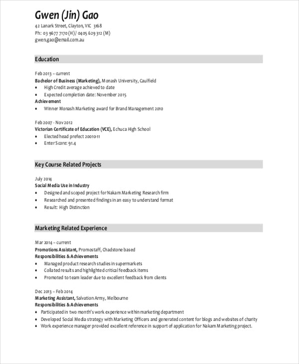 marketing manager fresher resume template