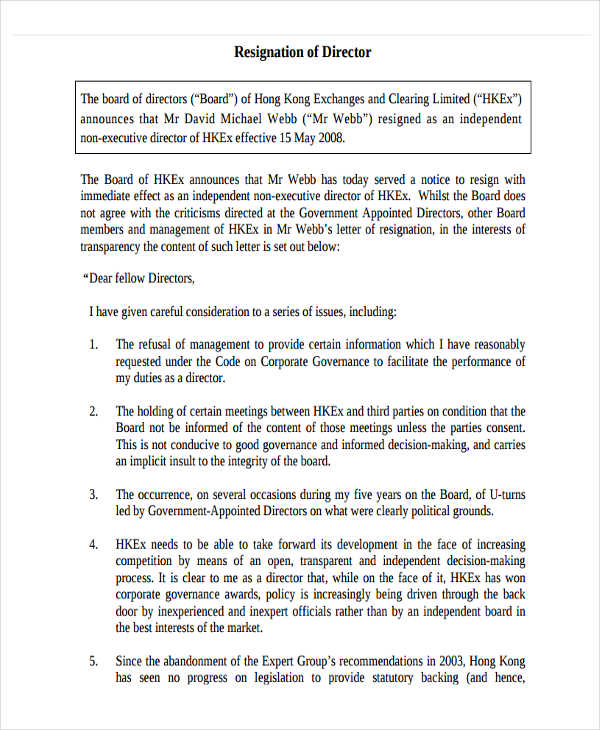 6+ Board Resignation Letter Template 6+ Free Word, PDF Format Download!