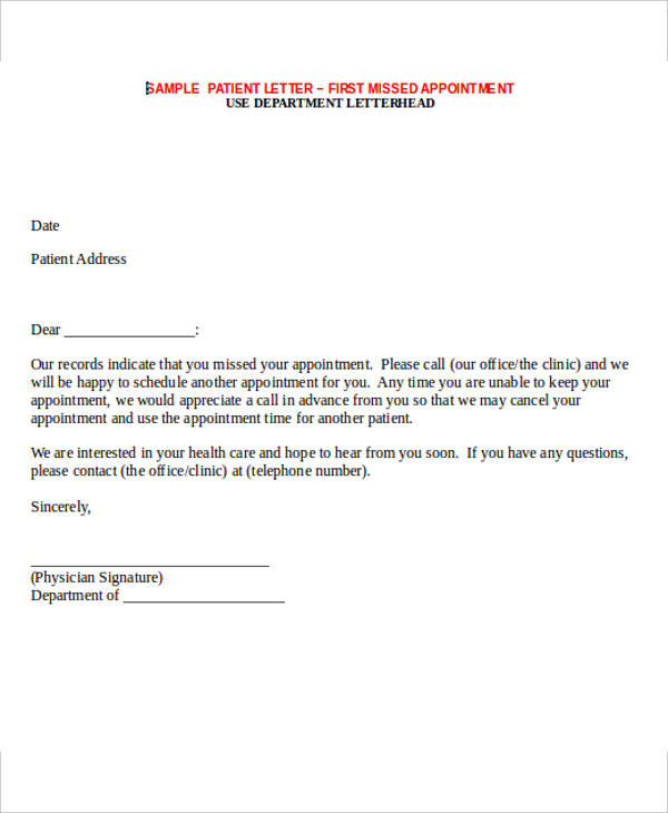 patient missed appointment letter template