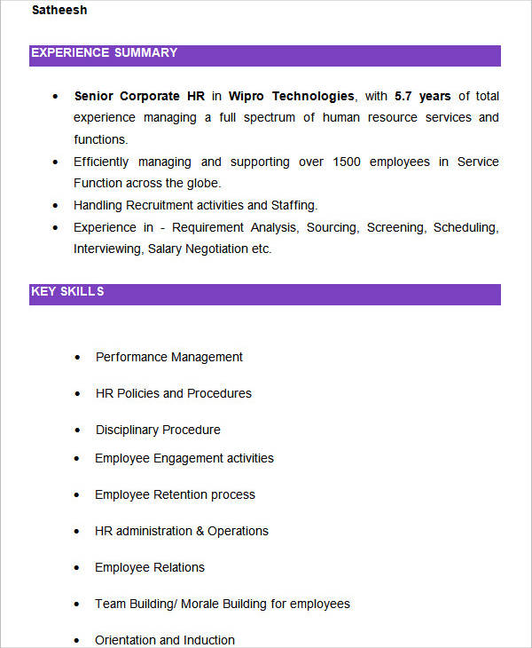 hr recruiter resume format template