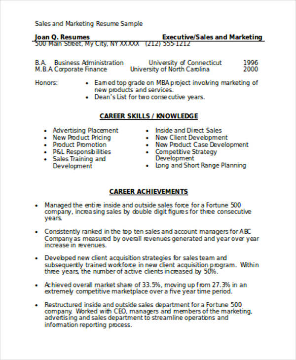 sales and marketing resume format template