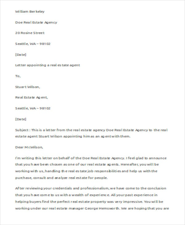 real estate agent appointment letter template