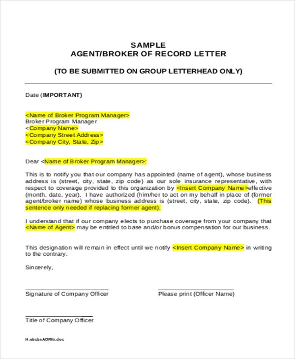 insurance agent appointment letter template