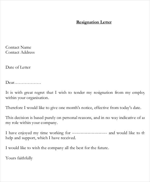 personal reason resignation letter