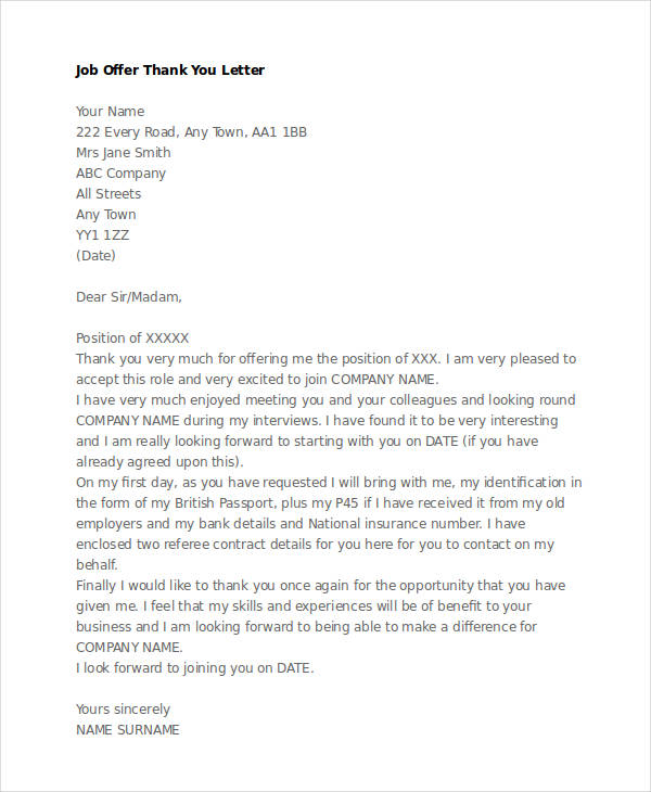 new job offer thank you letter template