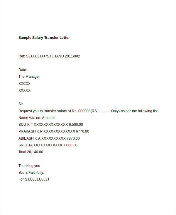 salary transfer letter template