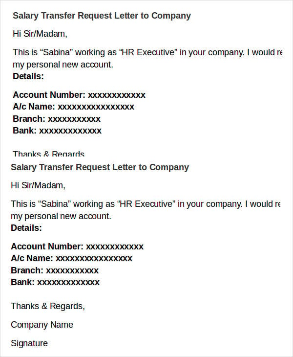 salary transfer request letter to company