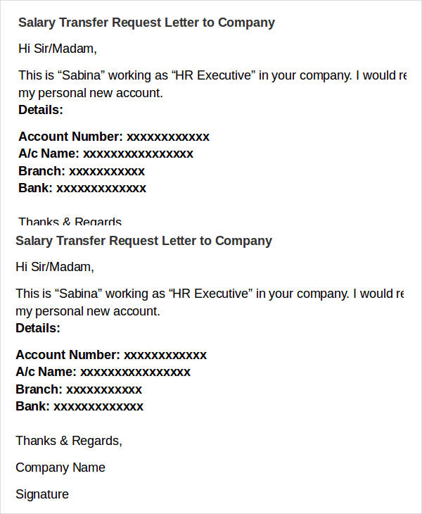 salary transfer request letter to company