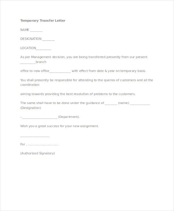 letter of transfer of work assignment