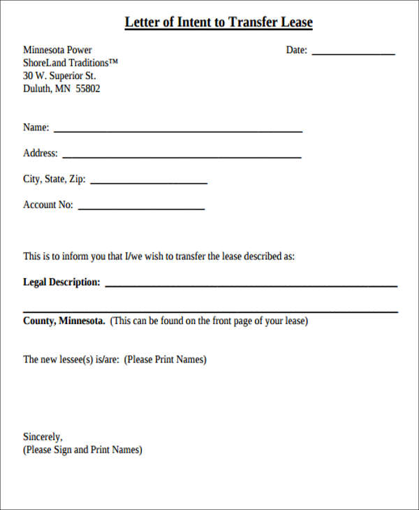 letter of intent to transfer lease example