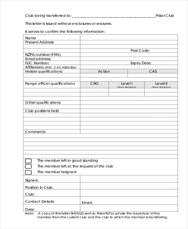 club membership transfer letter format