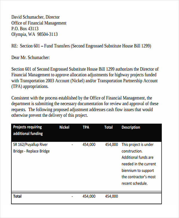 fund transfer approval letter example