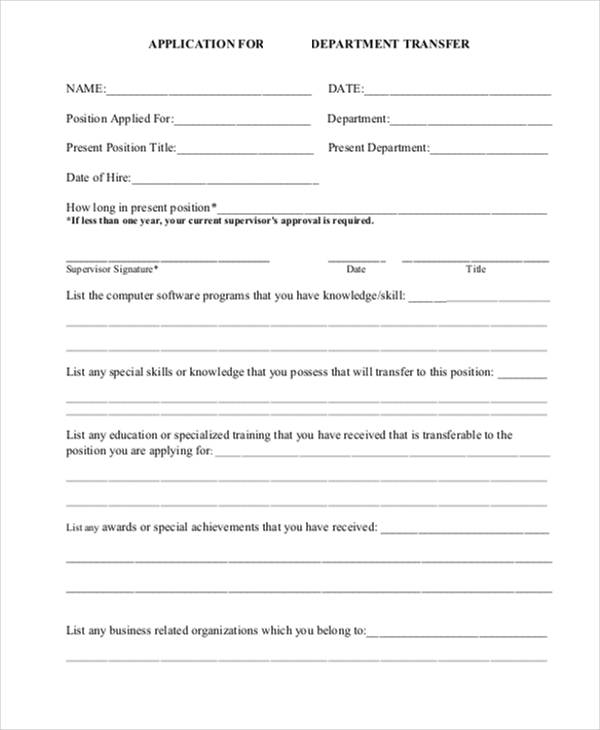 transfer department application letter template